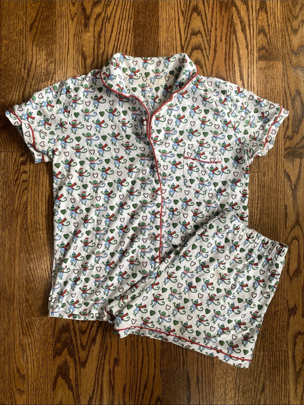 Roller Rabbit monkey candy cane print, two piece pajama set, size small.